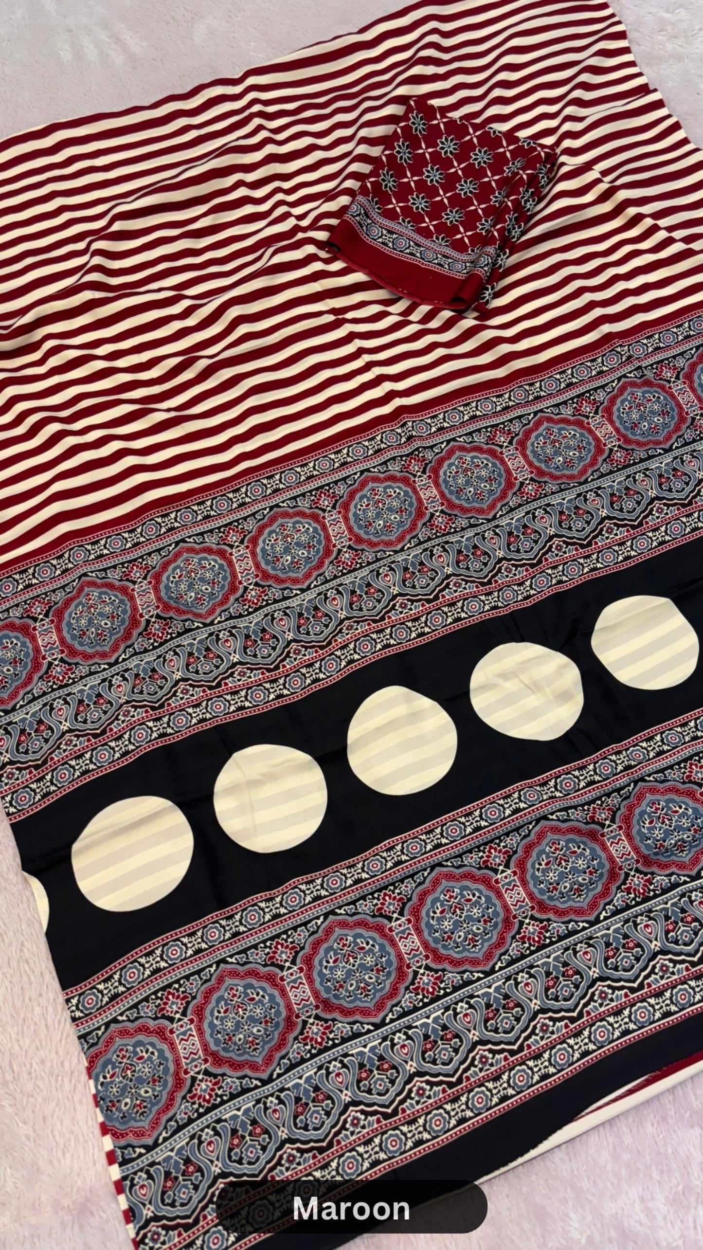 Ajrakh Strips Crap Silk Saree