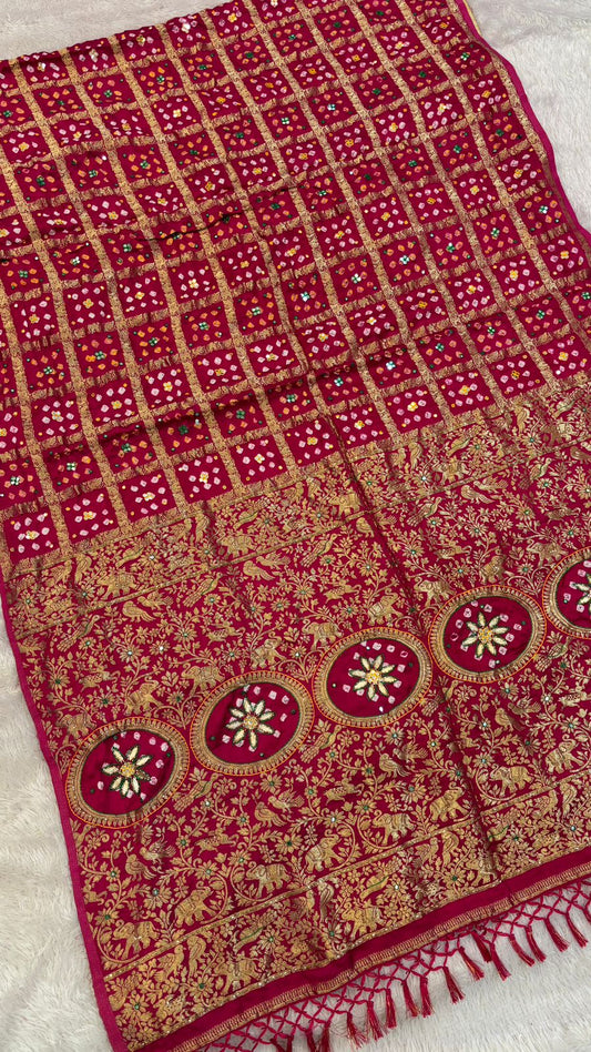 Pure Model Gaji Silk Gottapatti Work Gharchola Saree (Rani)