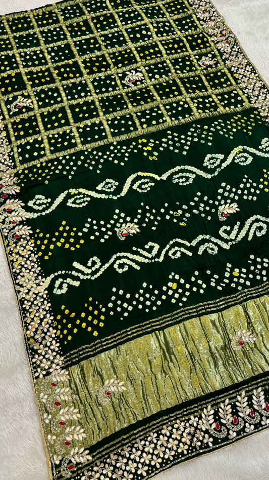 Pure Gaji Silk, Gottapati Handwork Gharchola Saree : Green