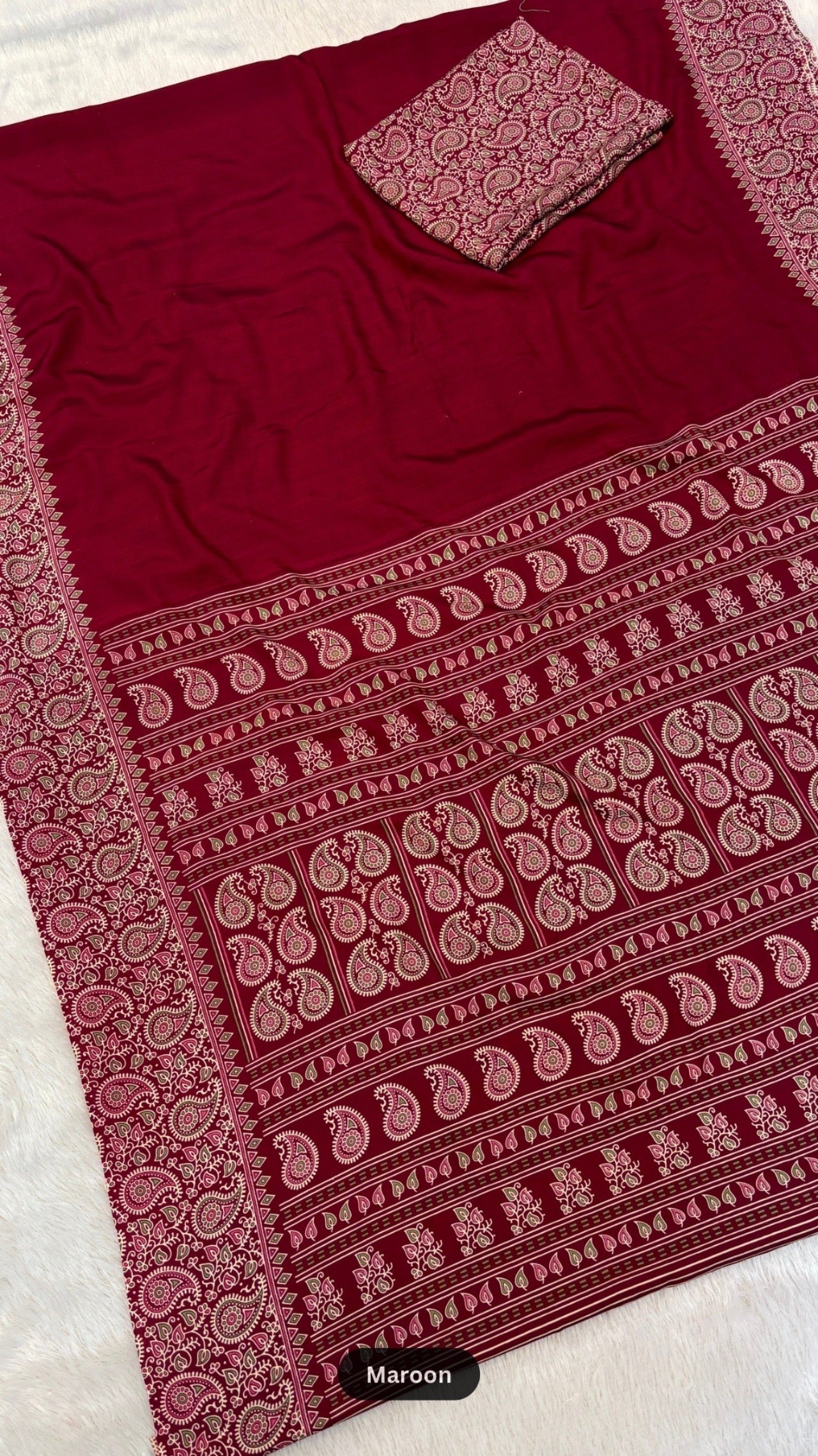 Plain Ajrakh Kalamkari Saree
