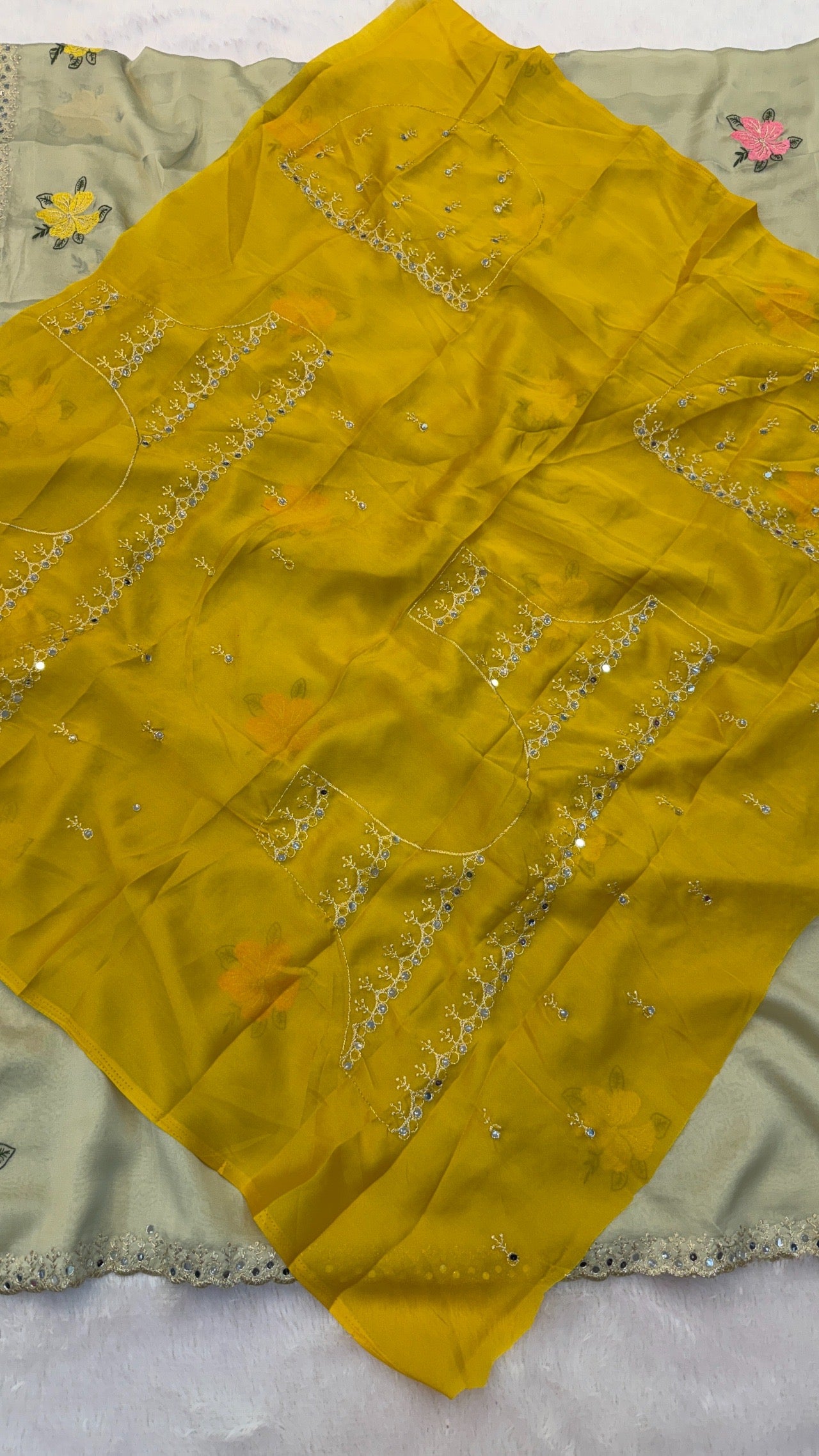 Floral Embroidery Work Saree (Heavy Contrast Blouse)