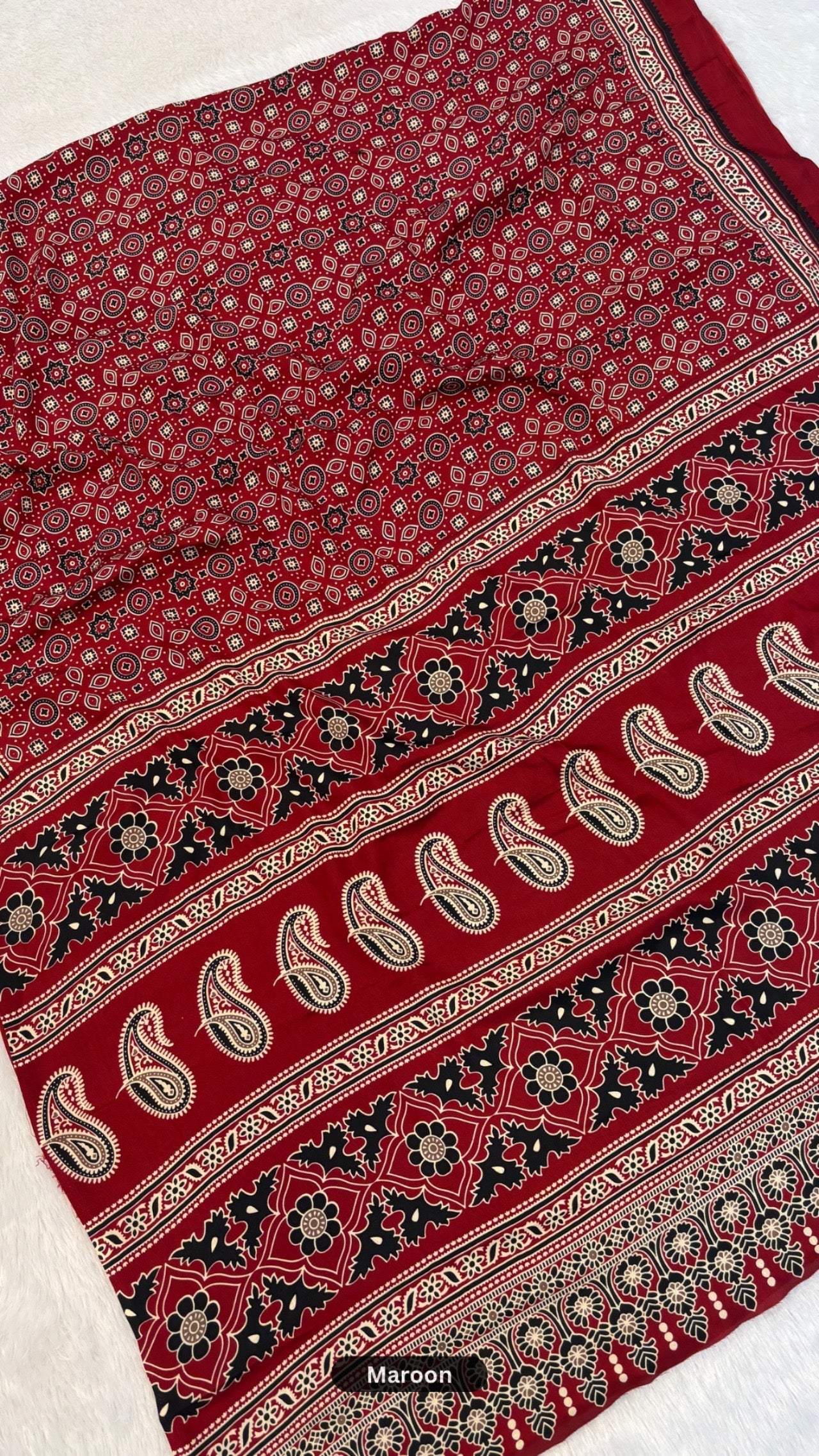Evergreen Ajrakh Crap Silk Saree