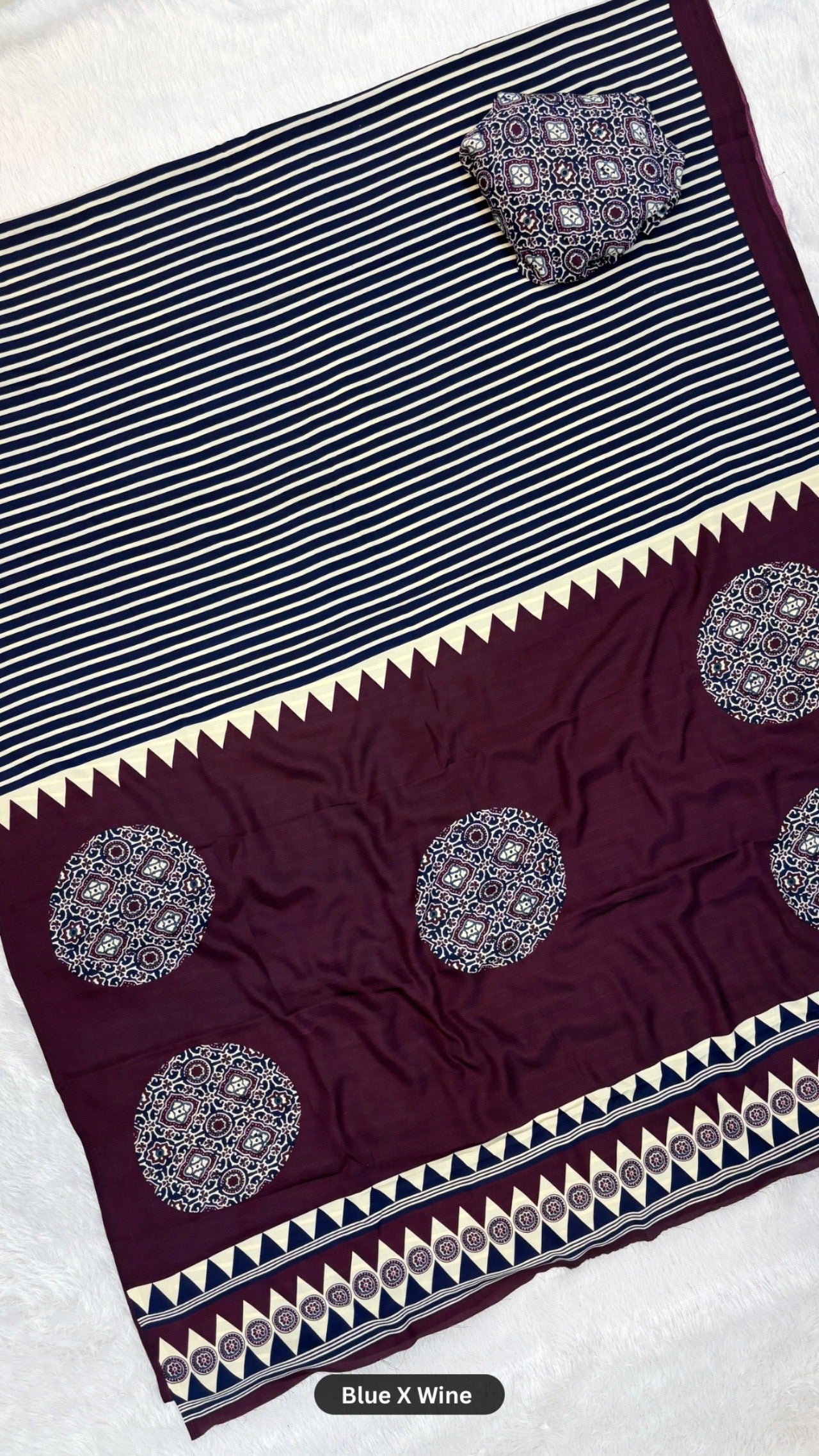 New Ajrakh Strips Crap Silk Saree