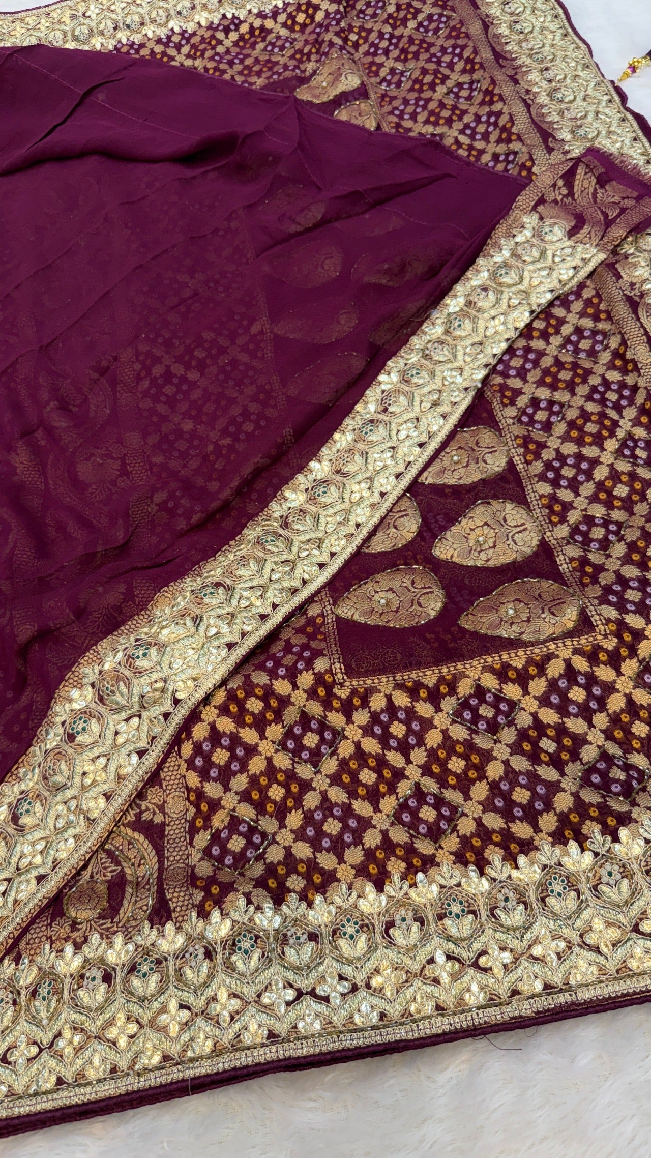 Georgette Banarasi Bandhej Saree with Handwork (Wine)