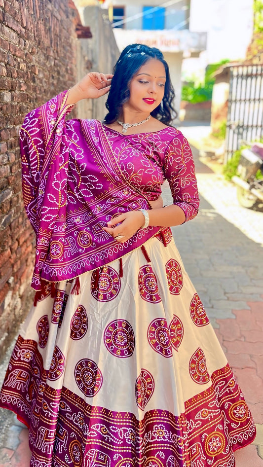 7 Mt. Flair Bandhej Lehanga Choli with Mirror Work (Wine)