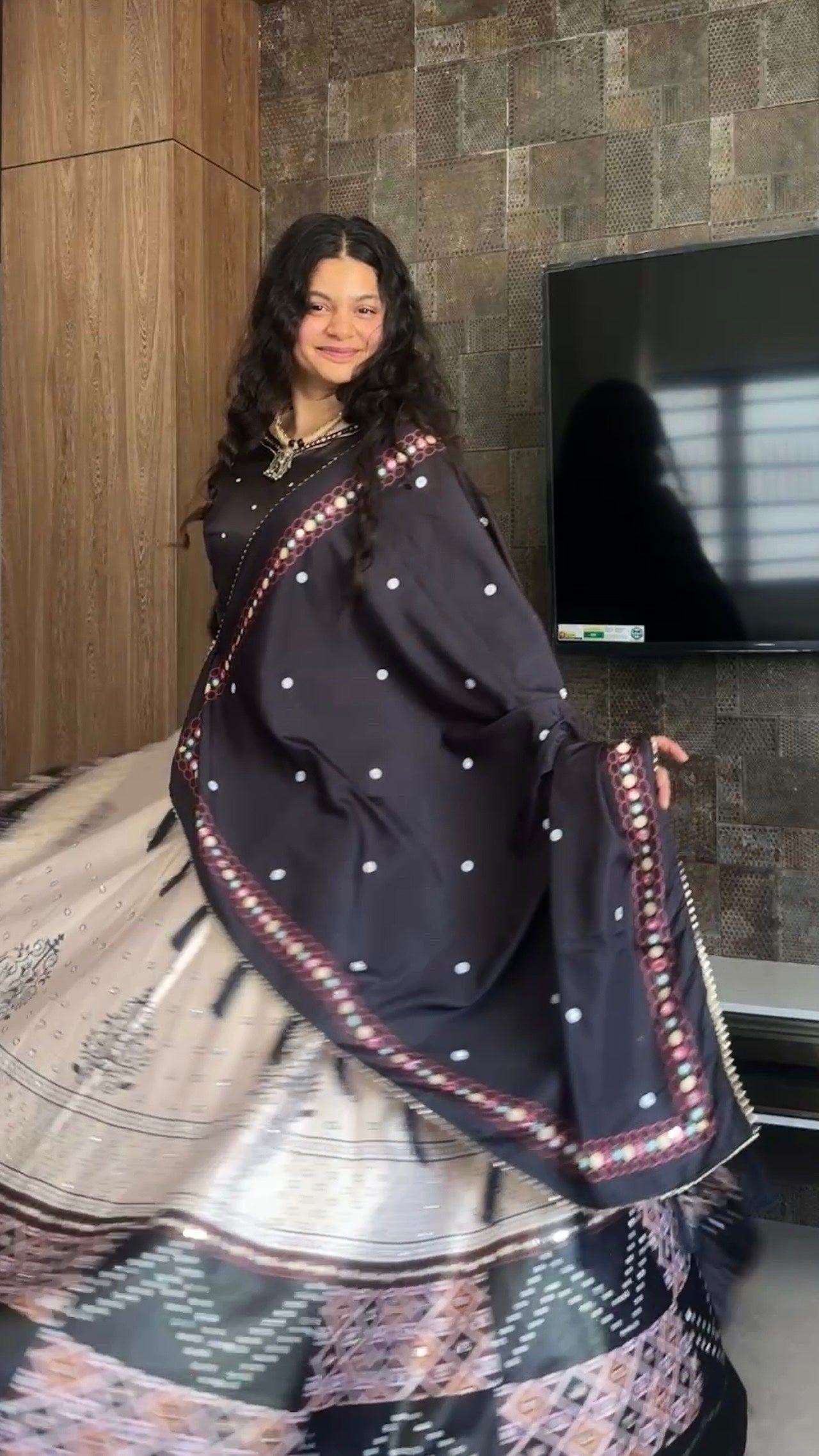 Real Mirror 7 Meter Flair, Midnight Bandhej Grace Lehanga Choli