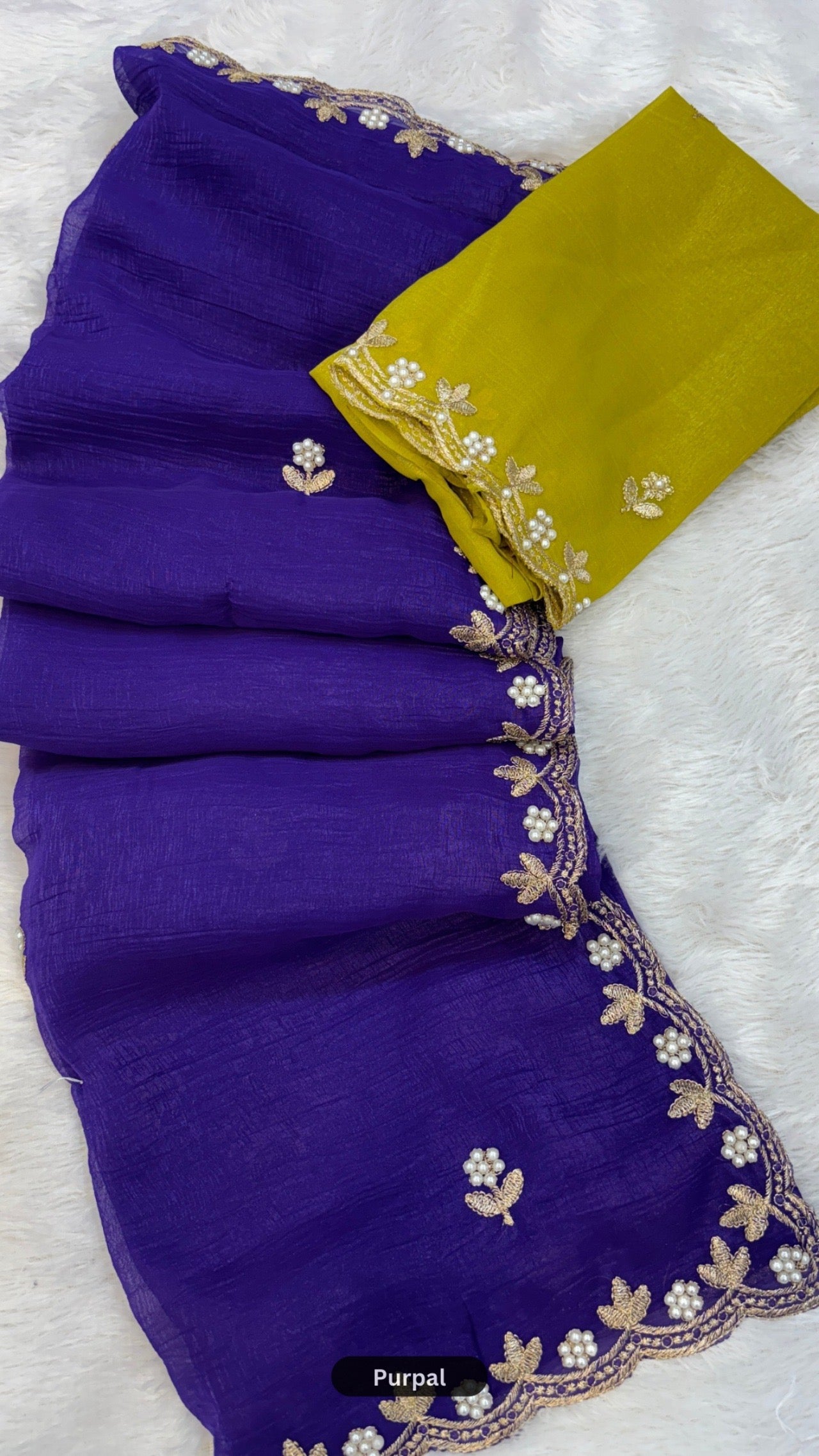 Shining Pearl Work Saree with Contrast Blouse
