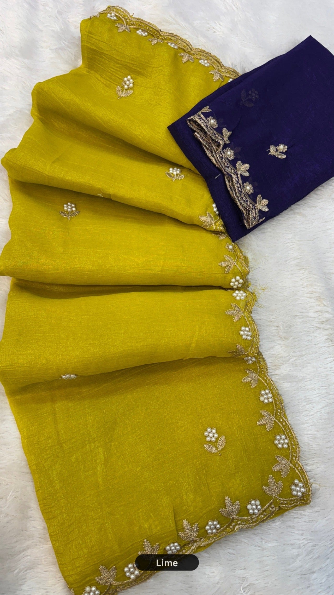 Shining Pearl Work Saree with Contrast Blouse