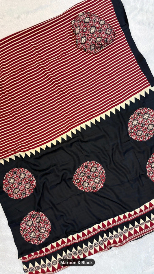 New Ajrakh Strips Crap Silk Saree