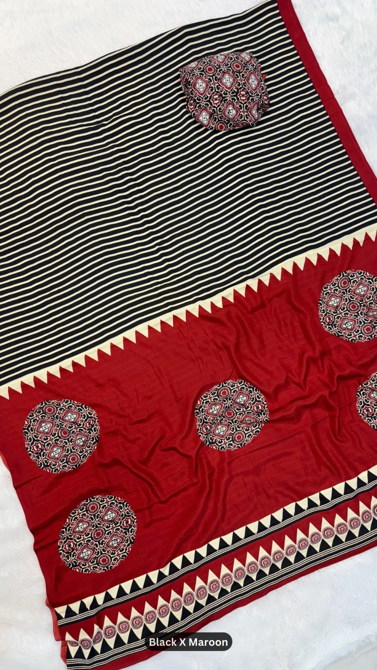 New Ajrakh Strips Crap Silk Saree