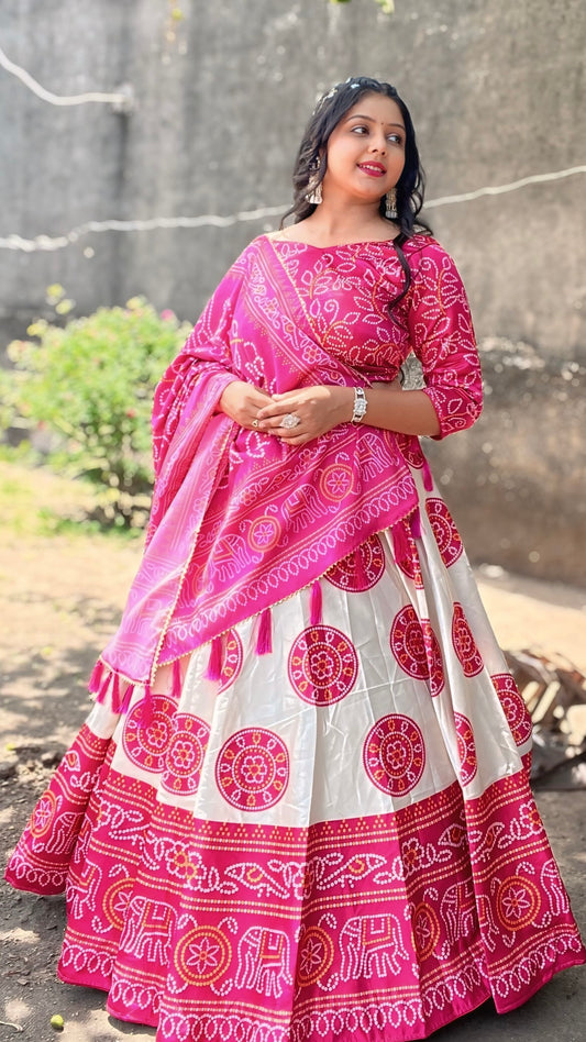 7 Mt. Flair Bandhej Lehanga Choli with Mirror Work (Rani)