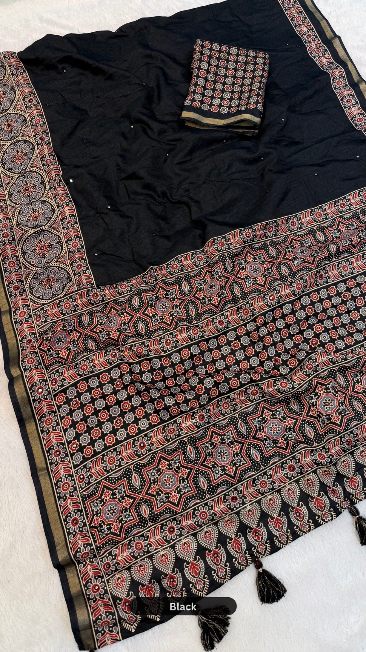 Plain Ajrakh Mul Cotten Mirror Work Saree SD