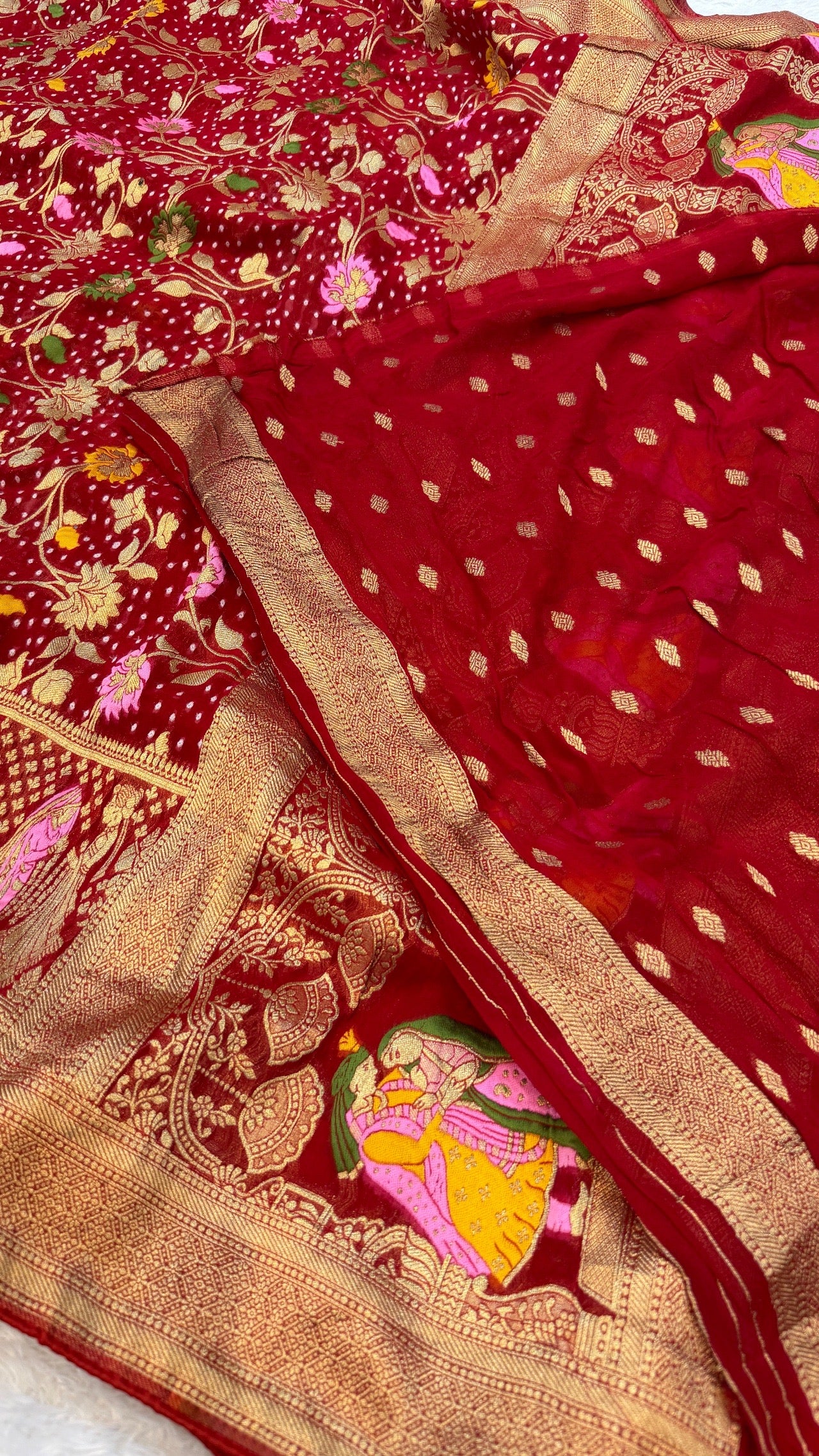Minakari Bandhej Banarasi Saree (Georgette Junglo) Red