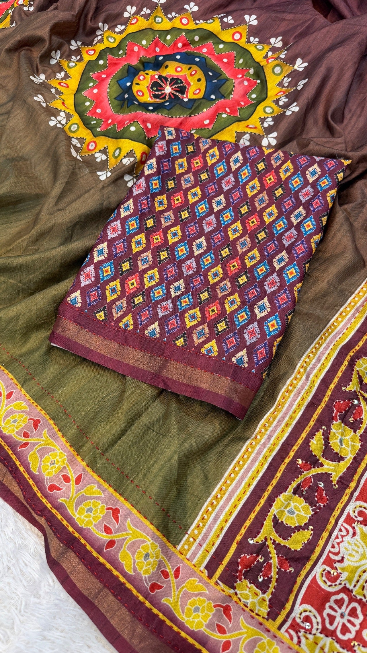 Exquisite Mandala Art Work Sarees (Olive)