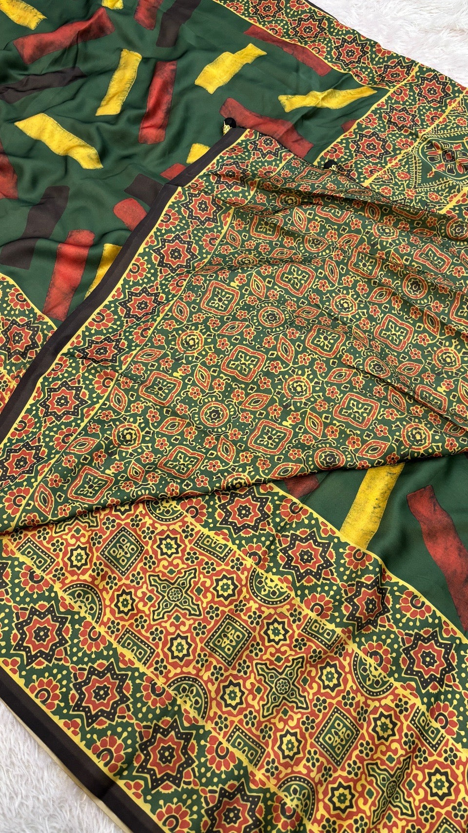 Ajrakh Kutchi Saree with Fancy Tussle (106)