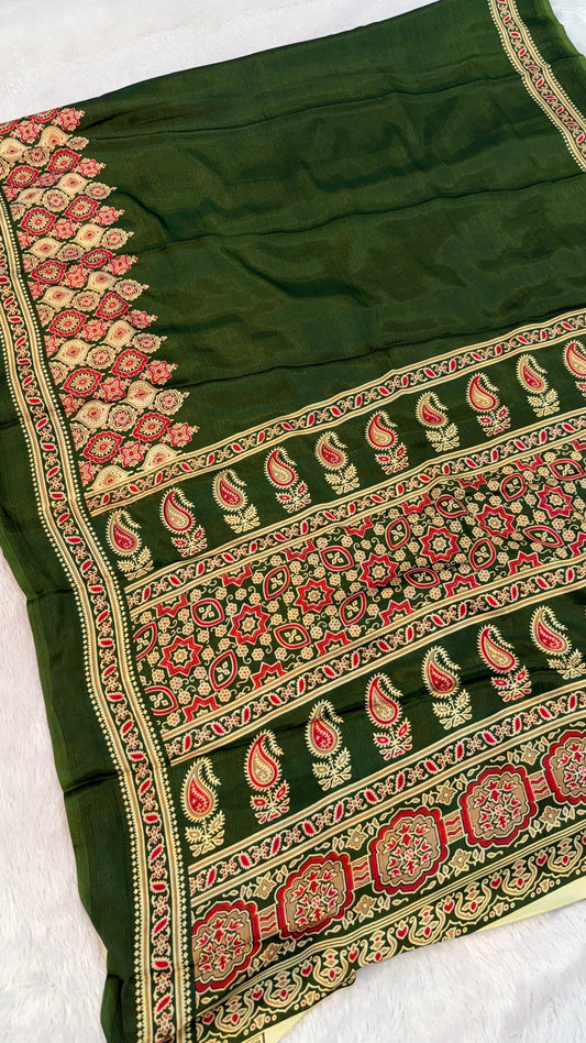 Ajrakh Plain Saree SALE - MEHANDI