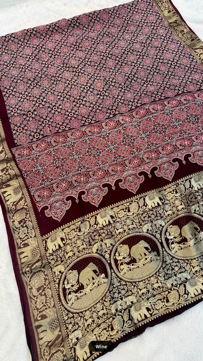 Ajrakh Handblock Saree with Zari Border - Pallu