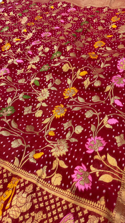 Minakari Bandhej Banarasi Saree (Georgette Junglo) Rani