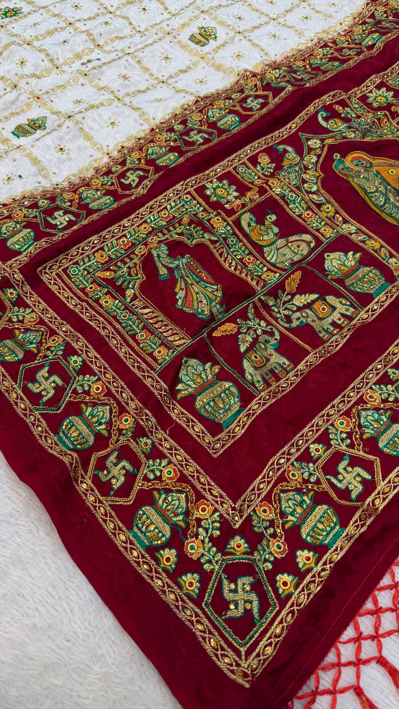 Kutchi Gharchola Saree (White x Maroon)