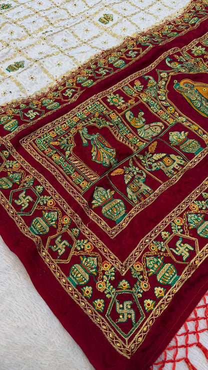 Kutchi Gharchola Saree (White x Maroon)