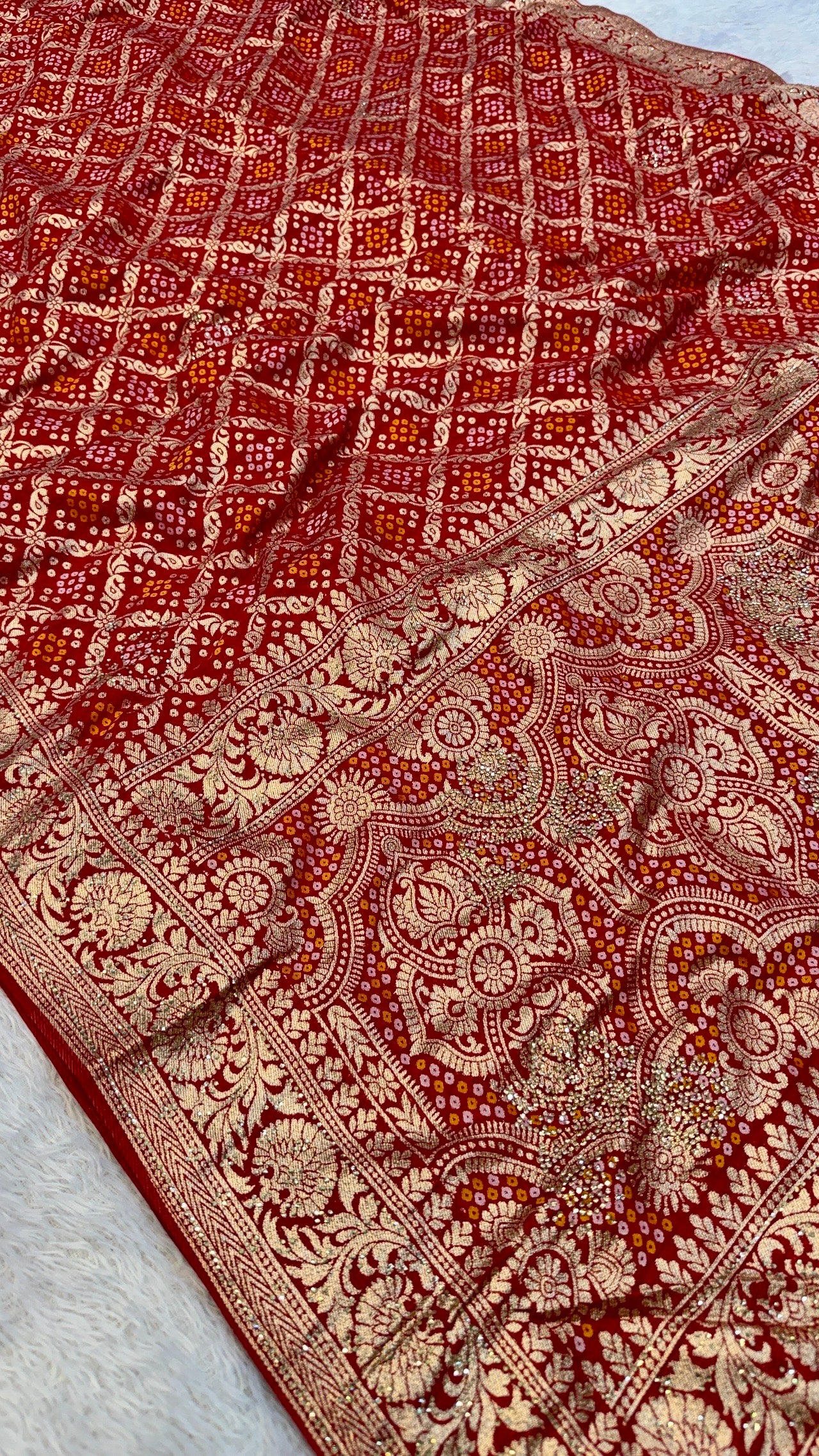 Georgette Bandhej Saree with Real Siroski Work
