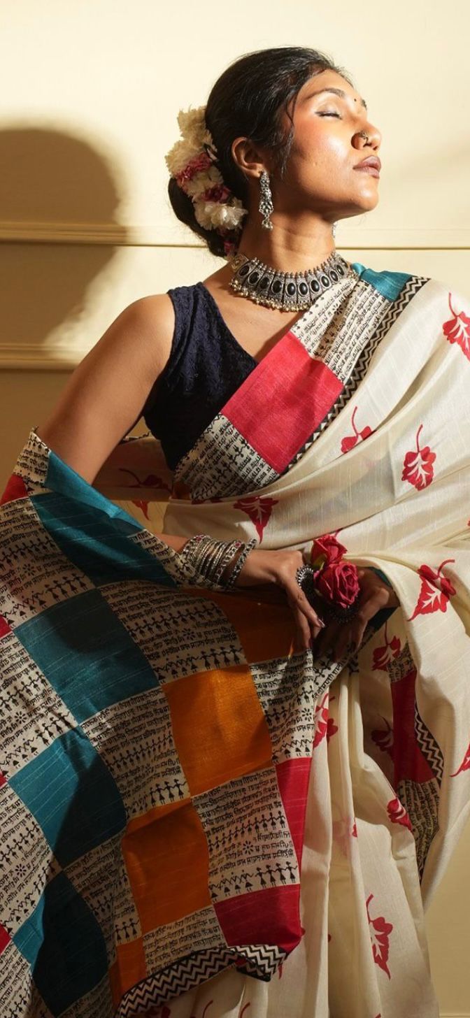 Divine White Tusser Silk Saree