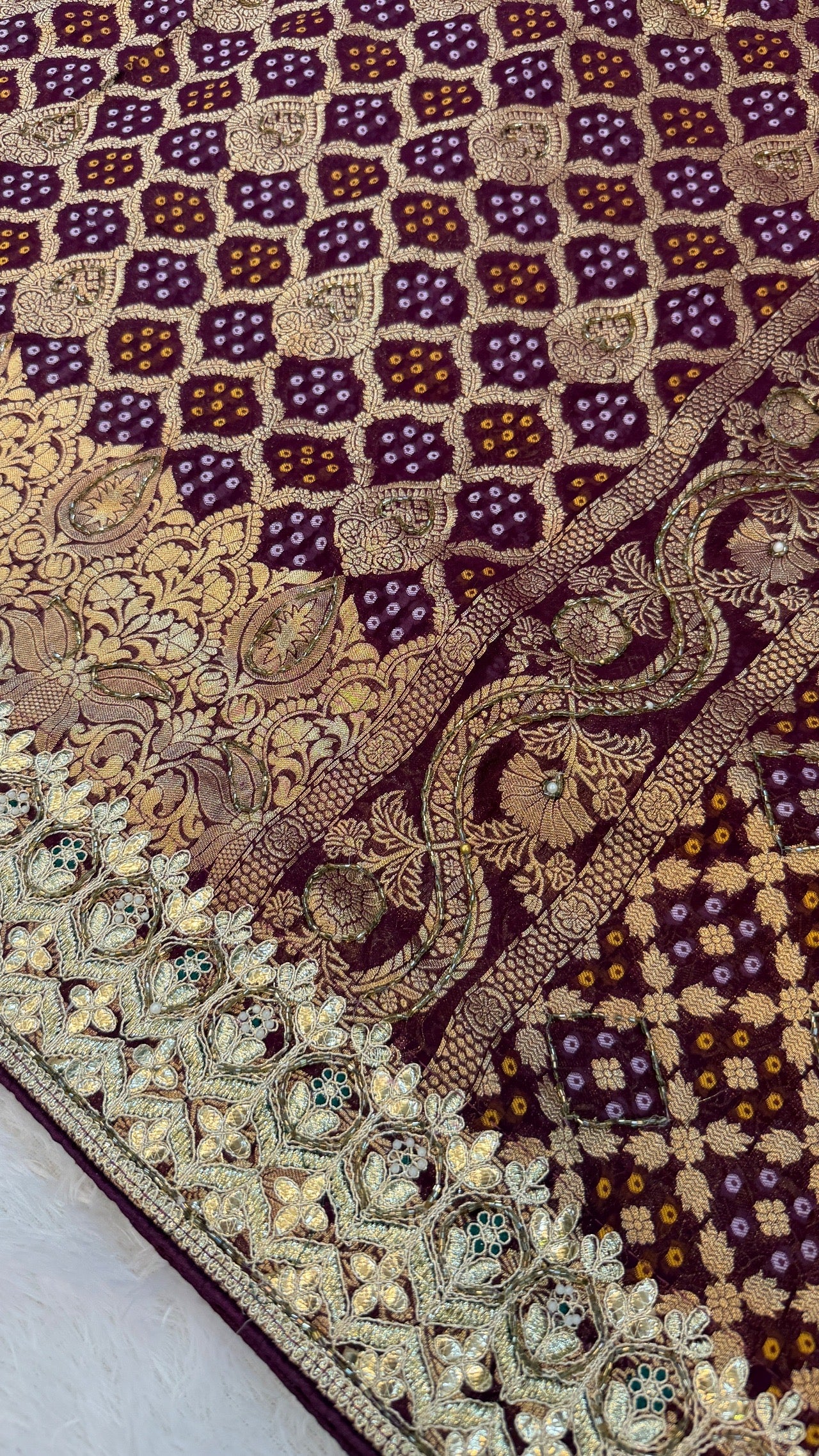 Georgette Banarasi Bandhej Saree with Handwork (Wine)