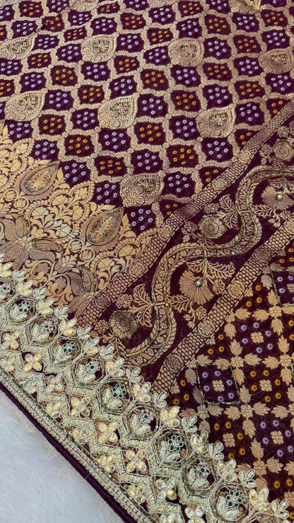 Georgette Banarasi Bandhej Saree with Handwork (Wine)