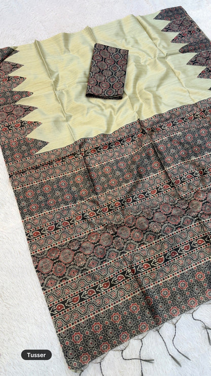 Plain Ajrakh Tusser Silk Saree (Ajrakh Blouse)