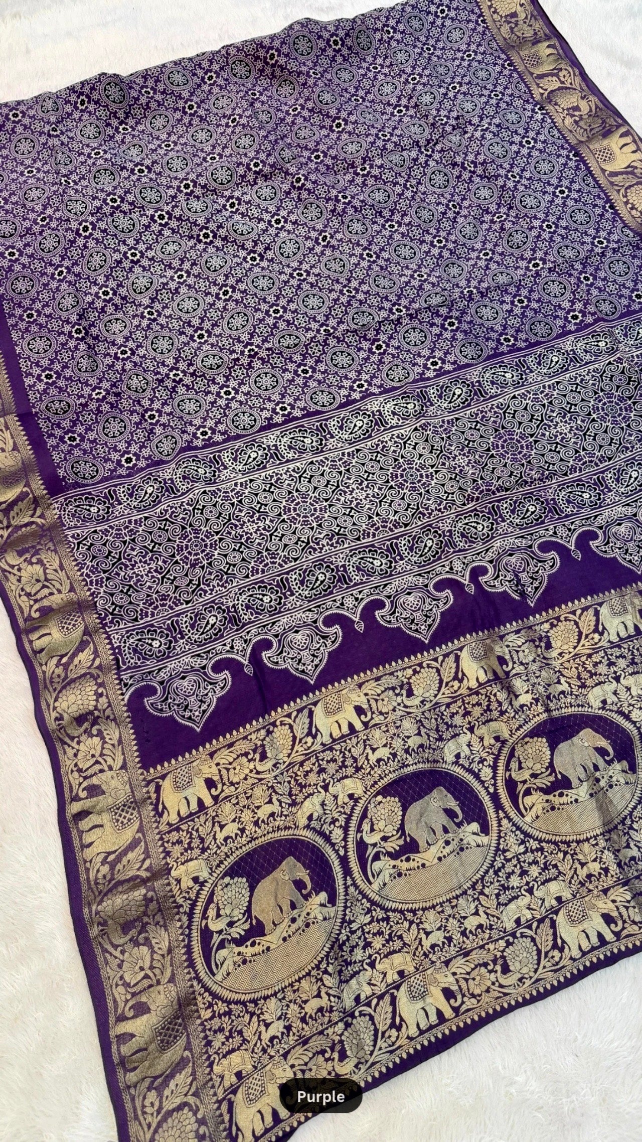 Ajrakh Handblock Saree with Zari Border - Pallu