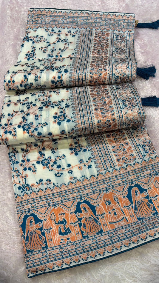 Soft Silk Rajwadi Saree (Pashmina Designe) :- BLUE COLOR