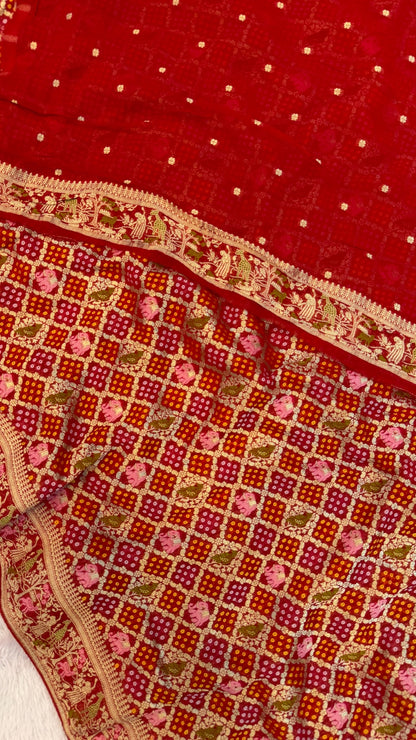 Traditional Georgette Banarasi Bandhej Saree (Rani / Maroon)