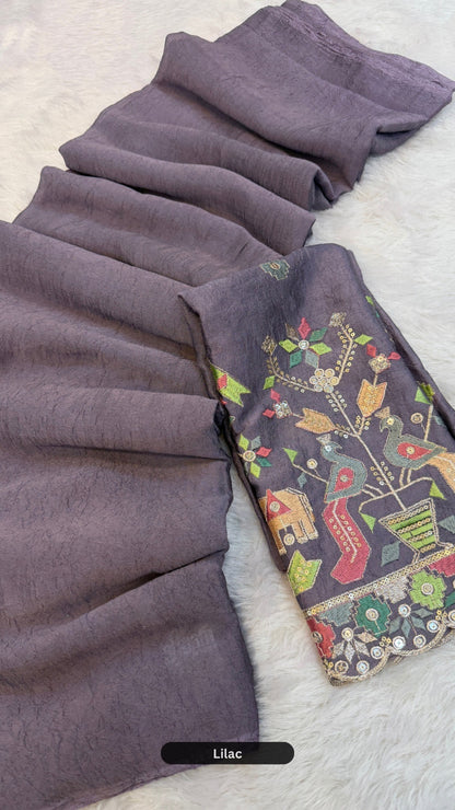 Solid Plain Saree + Kutchi motif Work Blouse