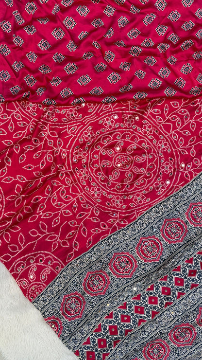 Bandhani Ajrakh With 500+ Real Mirror Saree Vol.02