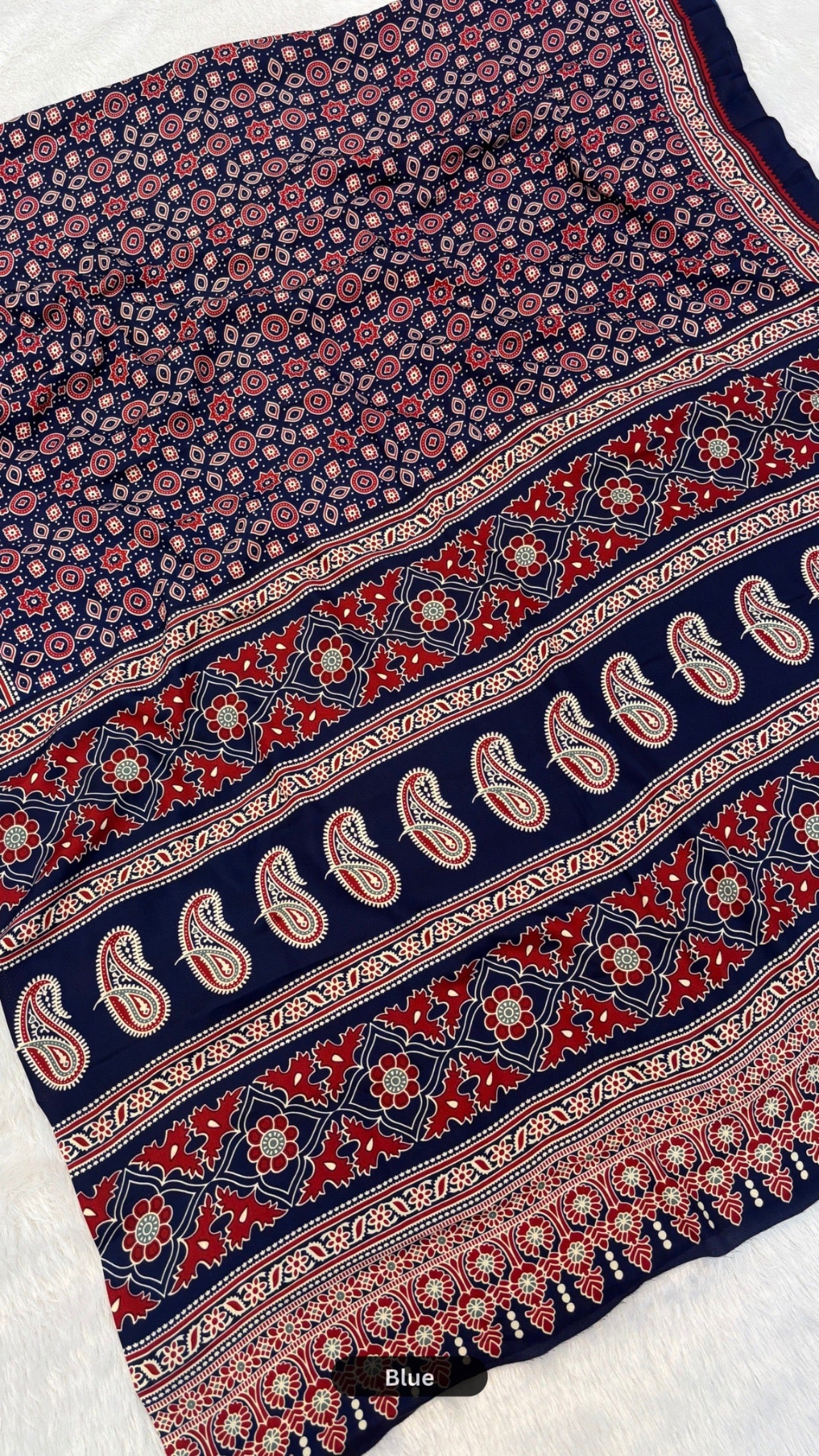 Evergreen Ajrakh Crap Silk Saree
