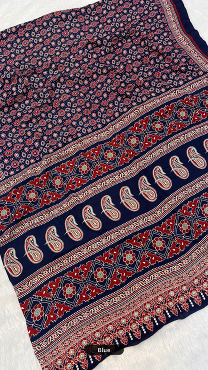 Evergreen Ajrakh Crap Silk Saree