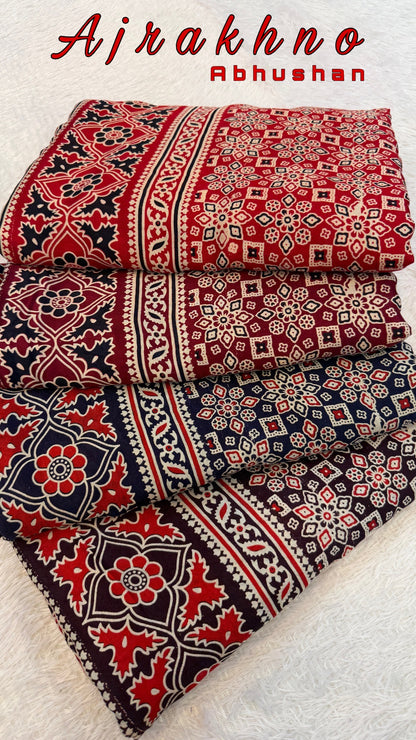 Ajrakhno Abhushan - Pure Modal Silk Ajrakh Saree with Lagadi Patta