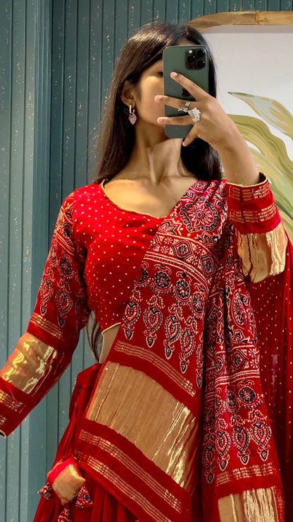 Handblock Ajrakh Lehanga Choli (Pure Model Silk)