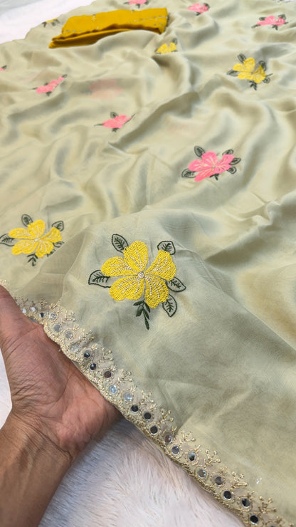 Floral Embroidery Work Saree (Heavy Contrast Blouse)