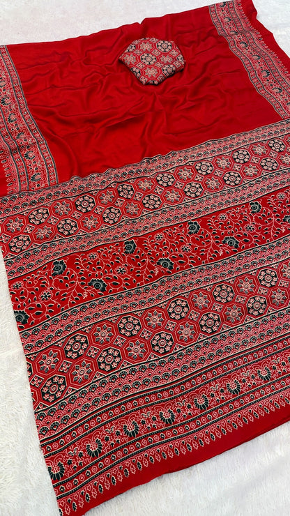 Plain Ajrakh Kalamkari Saree Vol.2