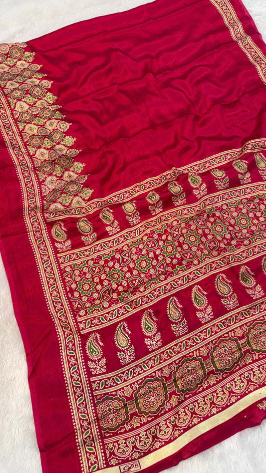 Ajrakh Plain Saree SALE - PINK
