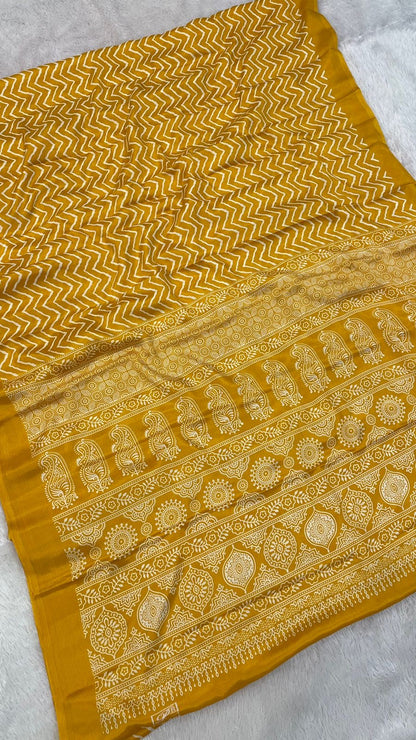 Ajrakh Lehariya Semi Crap Saree