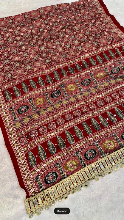 Ajrakh With 500+ Real Mirror & Latakan Saree Vol.01