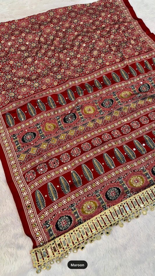 Ajrakh With 500+ Real Mirror & Latakan Saree Vol.01