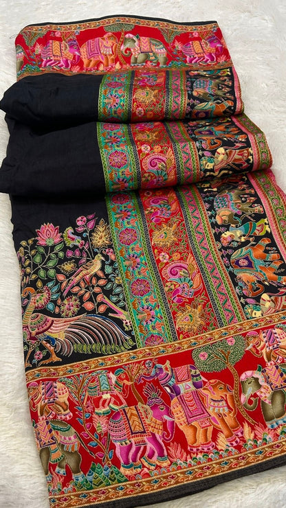 Pure Hand Weaving Kalamkari  Saree (Black Gala)