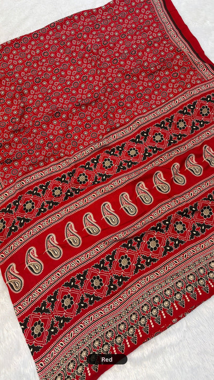 Evergreen Ajrakh Crap Silk Saree