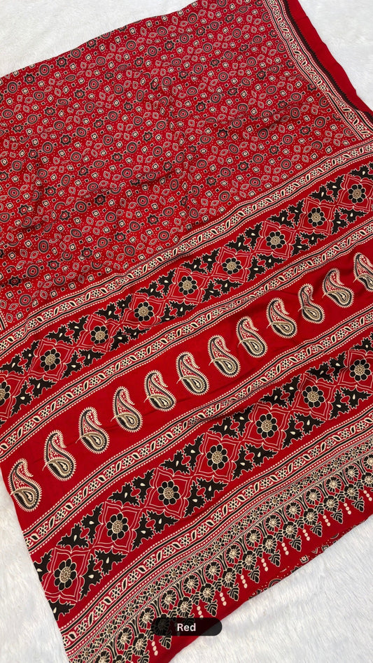 Evergreen Ajrakh Crap Silk Saree