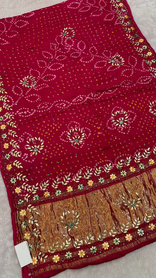 Pure Gaji Silk Handbandhej Gottapatti work Saree (Rani)