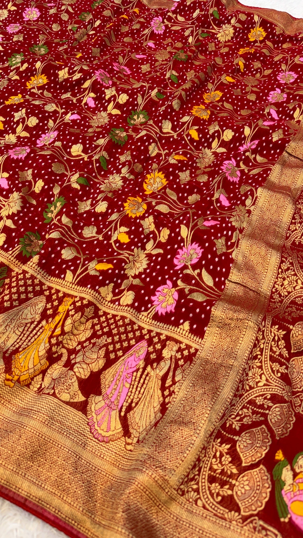 Minakari Bandhej Banarasi Saree (Georgette Junglo) Red