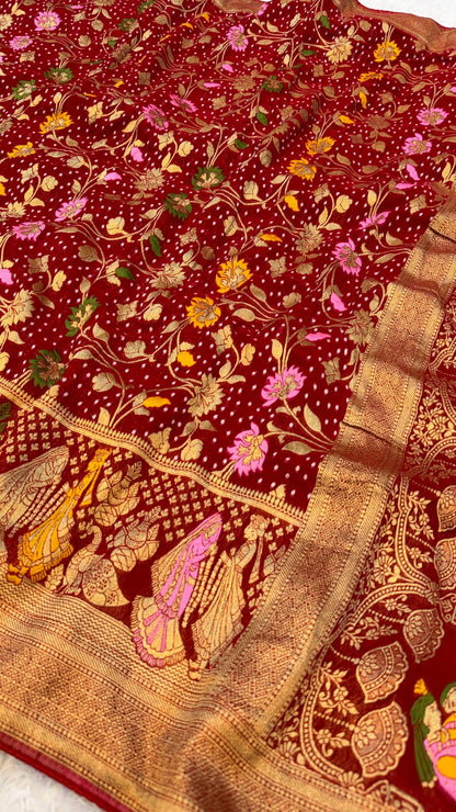 Minakari Bandhej Banarasi Saree (Georgette Junglo) Red